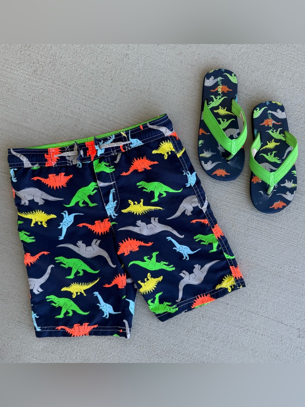 Carter’s Boy’s Dinosaur Neon Swim Trunks Size 7 + Matching Flip-Flops Size 13-1